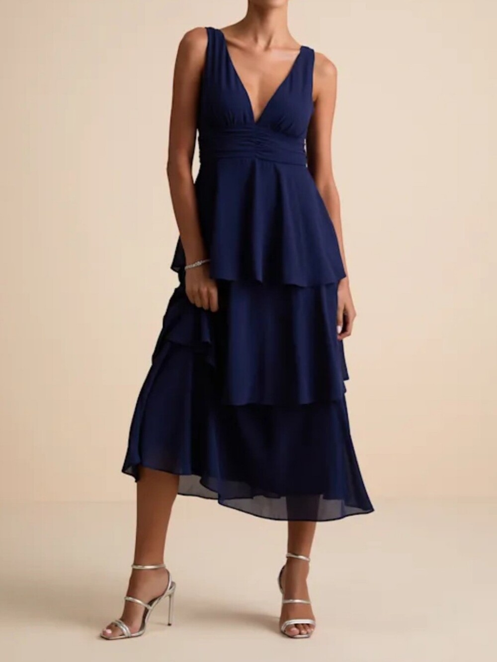 LULUS Celebration Time Navy Blue Sleeveless Tiered Chiffon Midi Dress Size S.